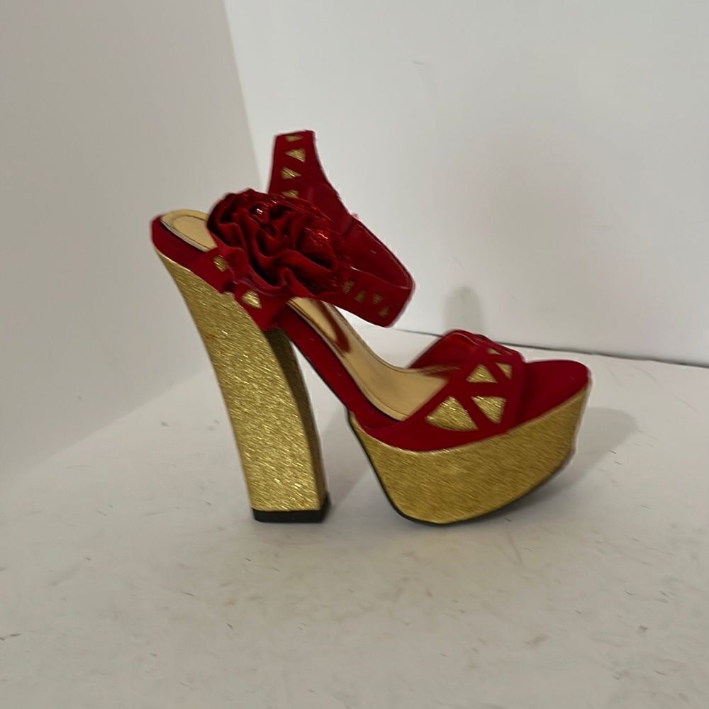 Glam Liliana Red Velvet  Glitter Gold High Heel Platform Sandals  Rosettes  6
